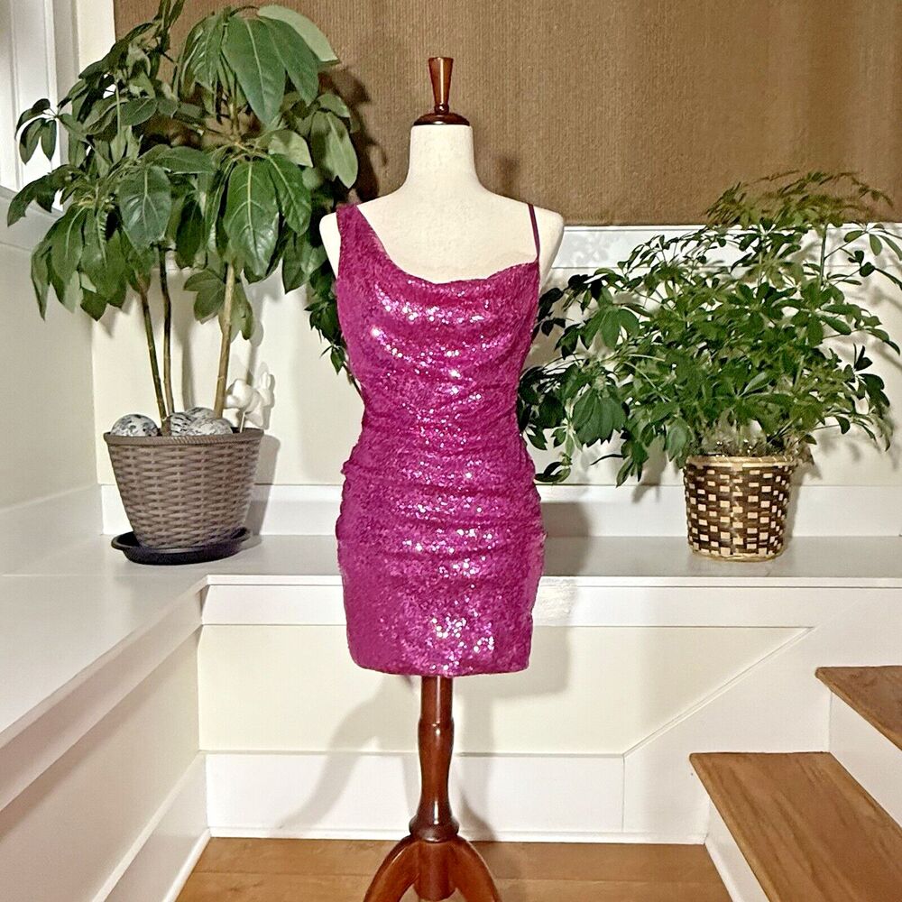 Hello Molly Sequin Dress Pink One Shoulder Cowl Size 6 NWT Homecoming Valentines